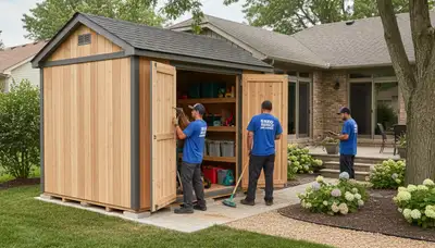 New backyard shed installation by Chop Chop Landscaping in Des Moines, IA showcasing quality craftsmanship