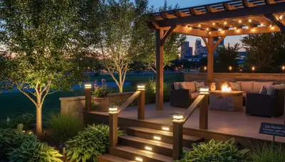 Evening patio with professional landscape lighting and step lights in Des Moines, IA
