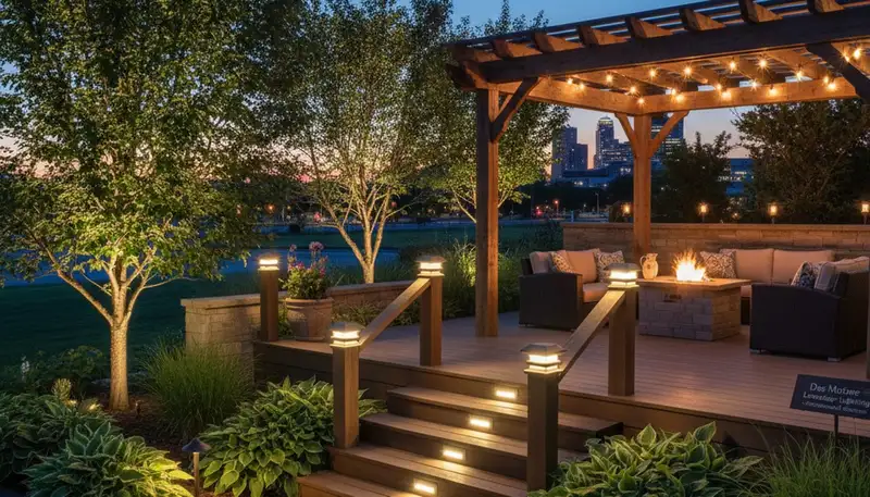 Evening patio with professional landscape lighting and step lights in Des Moines, IA