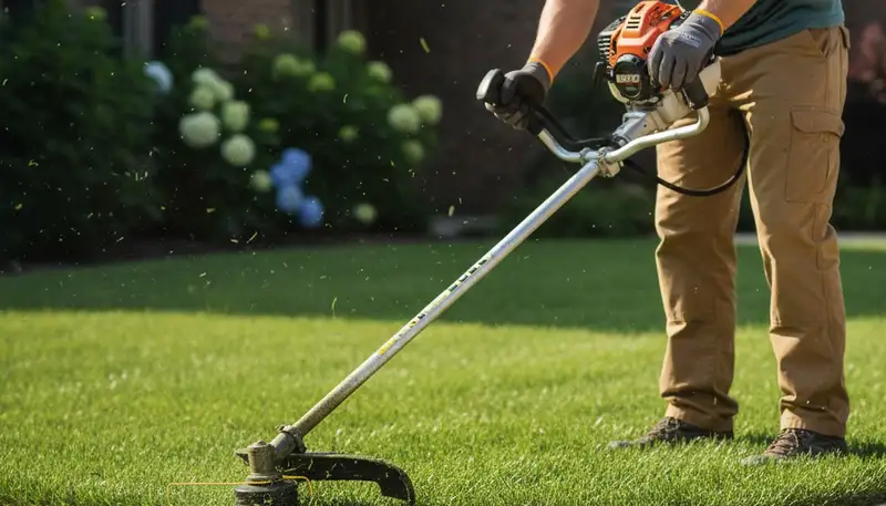 Technician edging residential lawn with string trimmer in Des Moines, IA for Chop Chop Landscaping