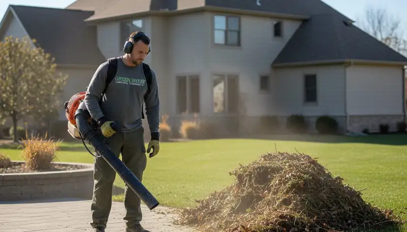 Technician using leaf blower for professional lawn debris cleanup in Des Moines, IA