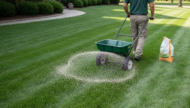 Lawn care technician applying fertilizer with spreader on residential lawn in Des Moines, IA