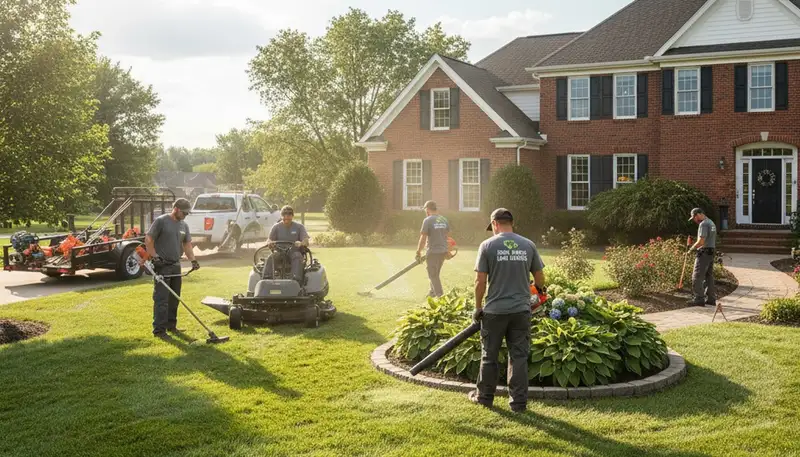 Professional lawn mowing and edging crew at residential property in Des Moines, IA