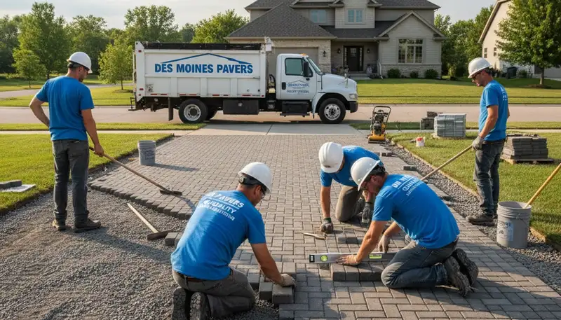 Professional crew installing driveway pavers in Des Moines, IA showcasing expert landscaping craftsmanship