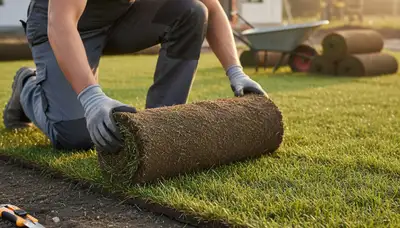 Professional sod installer placing rolls with staggered seams in Des Moines, IA lawn for smooth finish