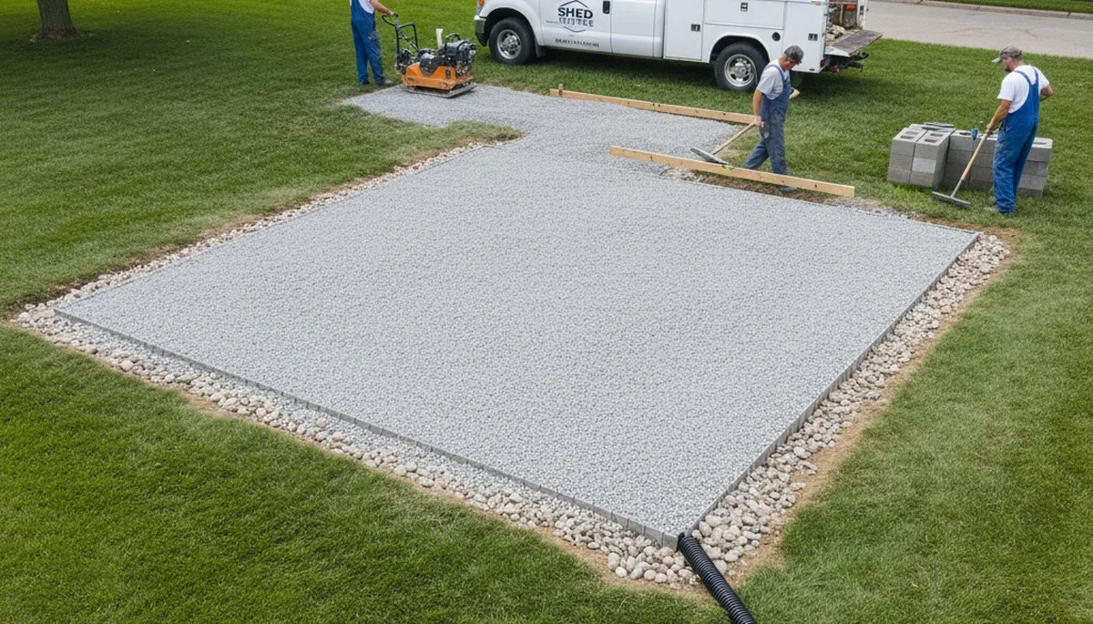 Professional shed base preparation with gravel foundation in Des Moines, IA by Chop Chop Landscaping