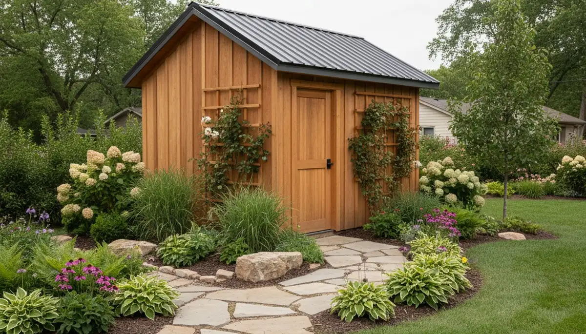 Landscaped shed installation with pathway and plantings in Des Moines, IA by Chop Chop Landscaping