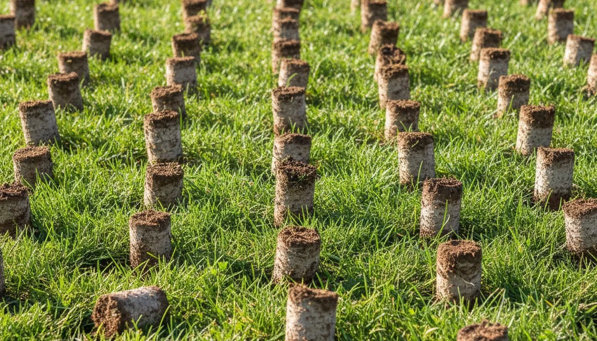 Close-up of soil core plugs after professional lawn aeration in Des Moines, IA by Chop Chop Landscaping