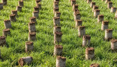 Close-up of soil core plugs after professional lawn aeration in Des Moines, IA by Chop Chop Landscaping