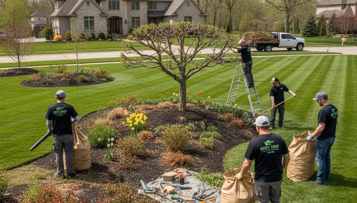 Spring yard cleanup and debris removal by professional landscapers in Des Moines, Iowa