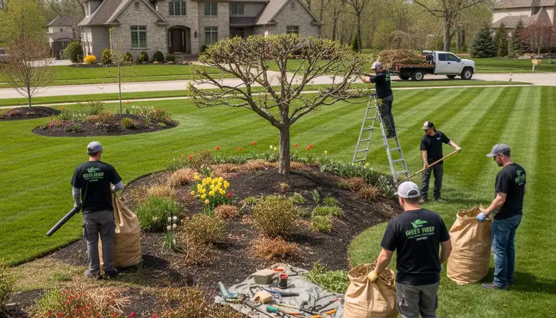 Spring yard cleanup and debris removal by professional landscapers in Des Moines, Iowa