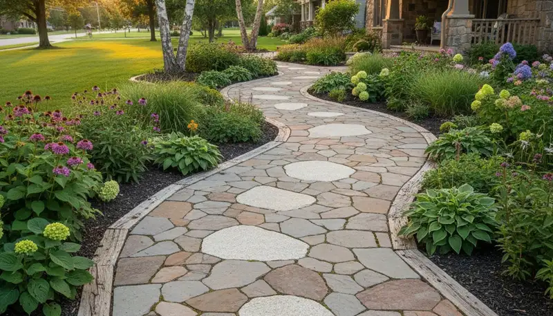 Curved stone paver walkway in residential landscape by Chop Chop Landscaping, Des Moines IA