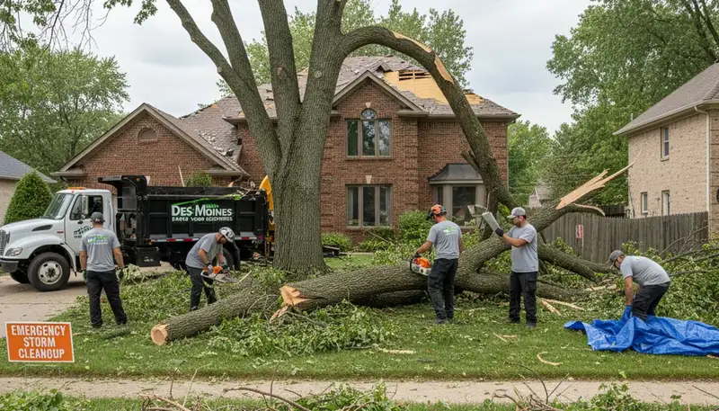 Storm debris cleanup crew clearing fallen branches at residential yard in Des Moines, IA