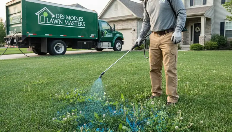 Technician applying professional weed control on residential lawn in Des Moines, IA
