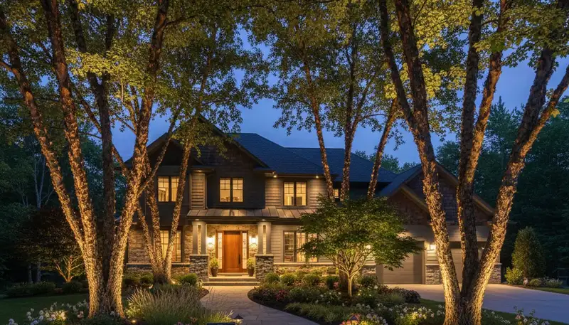 Uplighted trees at night showcasing professional landscape lighting in Des Moines, IA