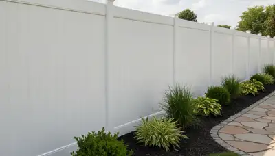 White privacy fence installation by Chop Chop Landscaping in Des Moines IA showcasing durable residential design